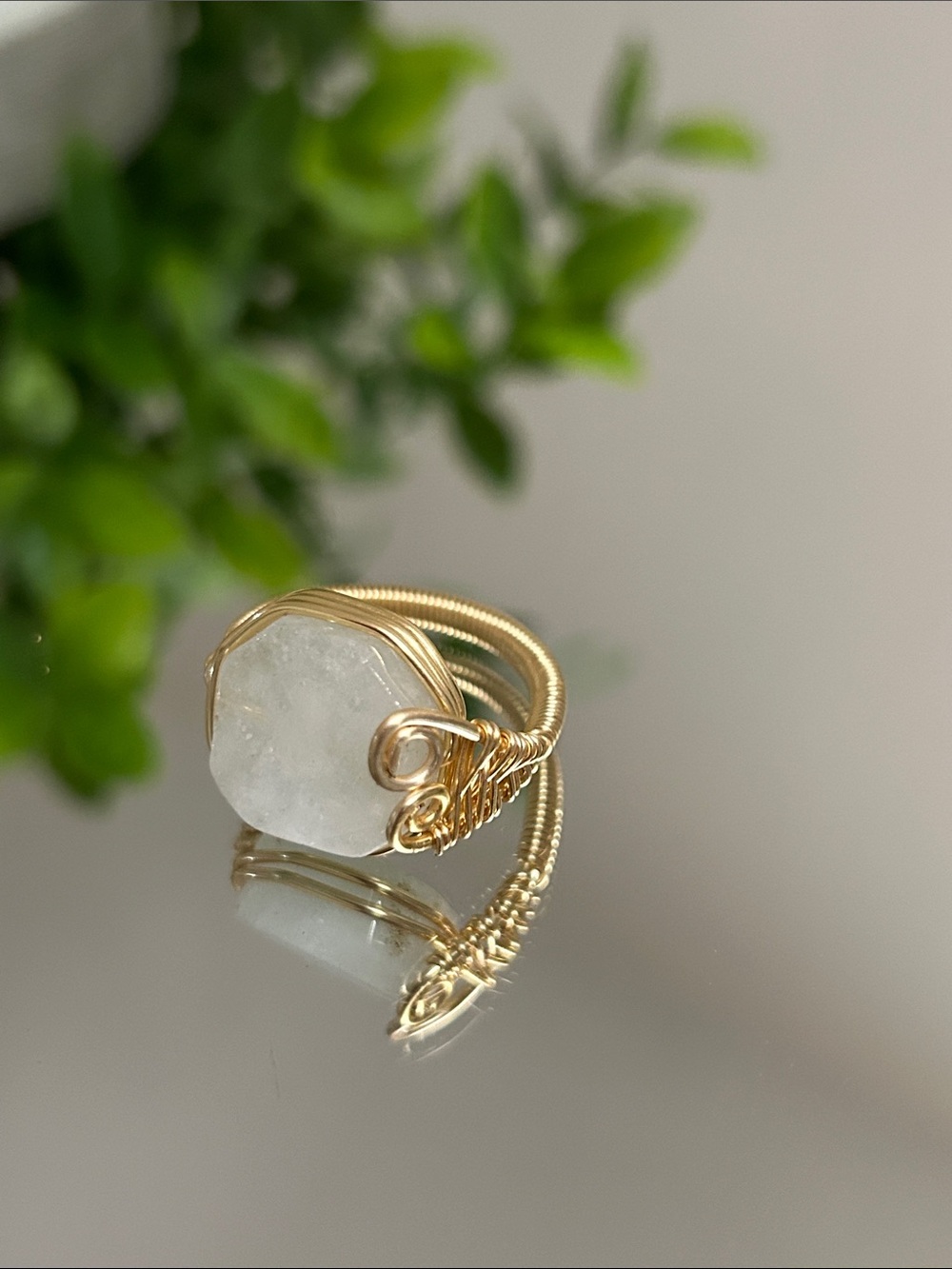 Gold Wire Wrap adjustable Ring with White Druzy Stone